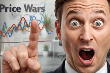 E-commerce manager reacting to AI pricing dashboard with competitive market data and confident expression.