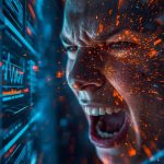 A marketer with a tense, emotional expression looking at a glowing multi-level affiliate network diagram, symbolizing control versus chaos.