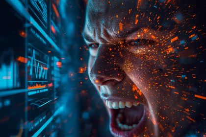 A marketer with a tense, emotional expression looking at a glowing multi-level affiliate network diagram, symbolizing control versus chaos.