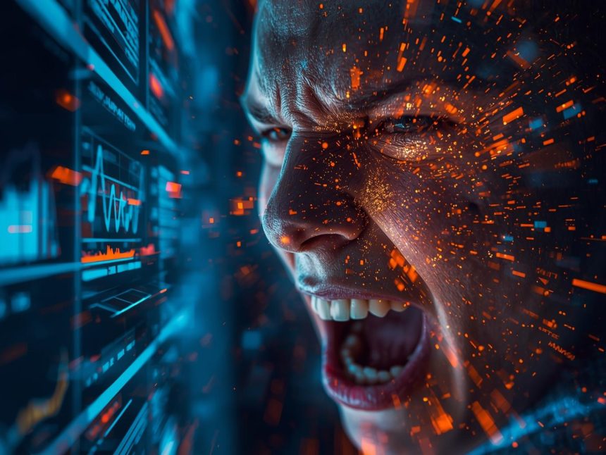 A marketer with a tense, emotional expression looking at a glowing multi-level affiliate network diagram, symbolizing control versus chaos.