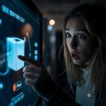 Retail shopper reacting with curiosity while rotating an interactive 3D product visualization on a laptop screen.