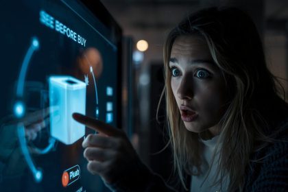 Retail shopper reacting with curiosity while rotating an interactive 3D product visualization on a laptop screen.