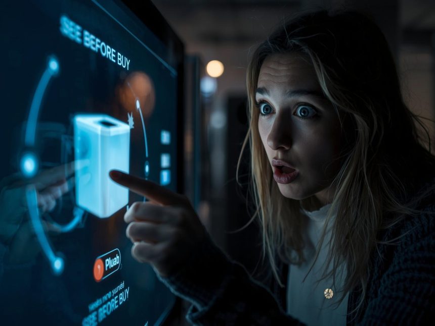 Retail shopper reacting with curiosity while rotating an interactive 3D product visualization on a laptop screen.