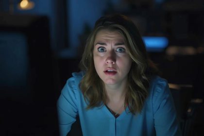 Concerned community manager reviewing a declining Community NPS Scoring dashboard, showing early warning signs of trust loss.