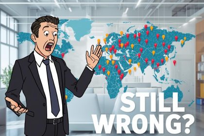 Surprised marketer pointing at incorrect local map listing, highlighting local SEO mistakes and visibility loss.