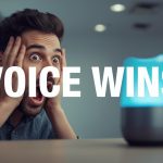 Marketer reacting with surprise while a smart speaker answers, illustrating SEO for voice search in smart homes.
