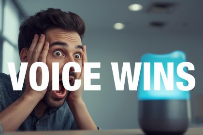 Marketer reacting with surprise while a smart speaker answers, illustrating SEO for voice search in smart homes.