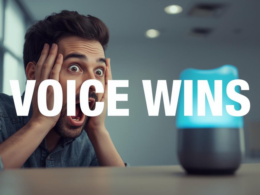 Marketer reacting with surprise while a smart speaker answers, illustrating SEO for voice search in smart homes.