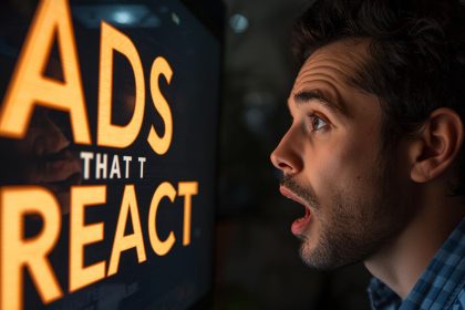 Marketer reacting with surprise as an ad interface changes in real time, illustrating dynamic interactive ads that adjust to viewer behavior.