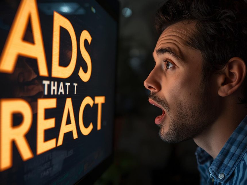 Marketer reacting with surprise as an ad interface changes in real time, illustrating dynamic interactive ads that adjust to viewer behavior.