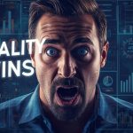 Marketer reviewing an affiliate partner quality dashboard with a surprised expression, highlighting data-driven trust and performance scoring.