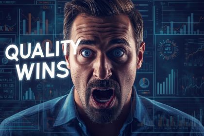 Marketer reviewing an affiliate partner quality dashboard with a surprised expression, highlighting data-driven trust and performance scoring.