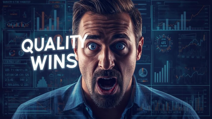 Marketer reviewing an affiliate partner quality dashboard with a surprised expression, highlighting data-driven trust and performance scoring.