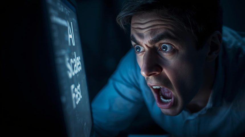 Marketer confidently reviewing AI-generated affiliate creatives on a laptop, showing speed, clarity, and growth momentum.