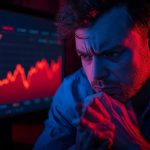 A marketer looks surprised as an AI dashboard highlights rising churn risk, illustrating Predictive Churn Models for Subscription Brands.