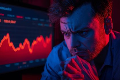 A marketer looks surprised as an AI dashboard highlights rising churn risk, illustrating Predictive Churn Models for Subscription Brands.