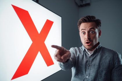 Surprised marketer pointing at a laptop with clean charts, representing sustainable marketing strategies and reduced digital waste.