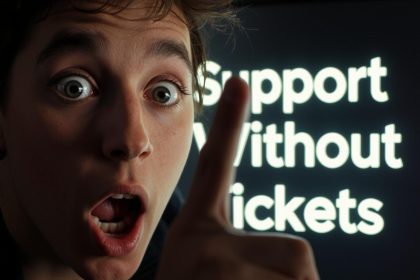 Customer support leader reacting with relief as community support system reduces service load and tickets.