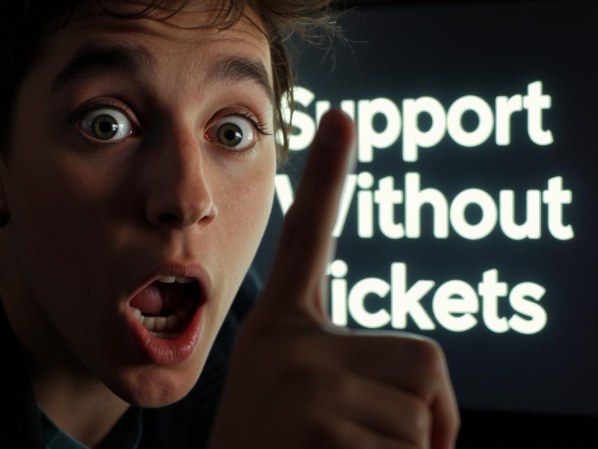 Customer support leader reacting with relief as community support system reduces service load and tickets.