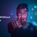 A surprised professional pointing at a screen filled with community answers and AI icons, showing how community-built knowledge hubs reduce support requests.