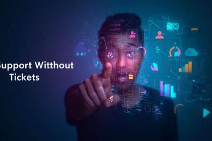 A surprised professional pointing at a screen filled with community answers and AI icons, showing how community-built knowledge hubs reduce support requests.