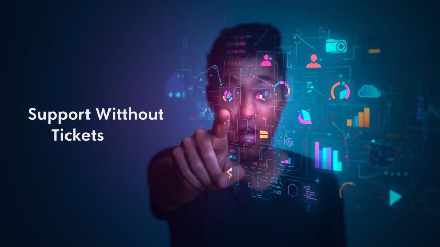A surprised professional pointing at a screen filled with community answers and AI icons, showing how community-built knowledge hubs reduce support requests.