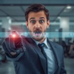 Focused digital marketer pointing at an AI-driven search forecast chart, showing curiosity and insight about AI-Powered SERP Forecasting.