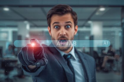 Focused digital marketer pointing at an AI-driven search forecast chart, showing curiosity and insight about AI-Powered SERP Forecasting.