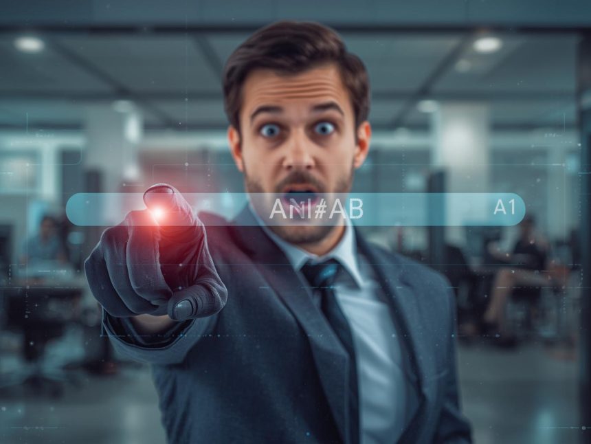 Focused digital marketer pointing at an AI-driven search forecast chart, showing curiosity and insight about AI-Powered SERP Forecasting.