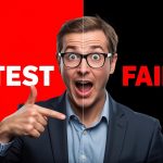 Marketer pointing at split-tested social ads with surprised expression, highlighting a social ad creative testing framework.