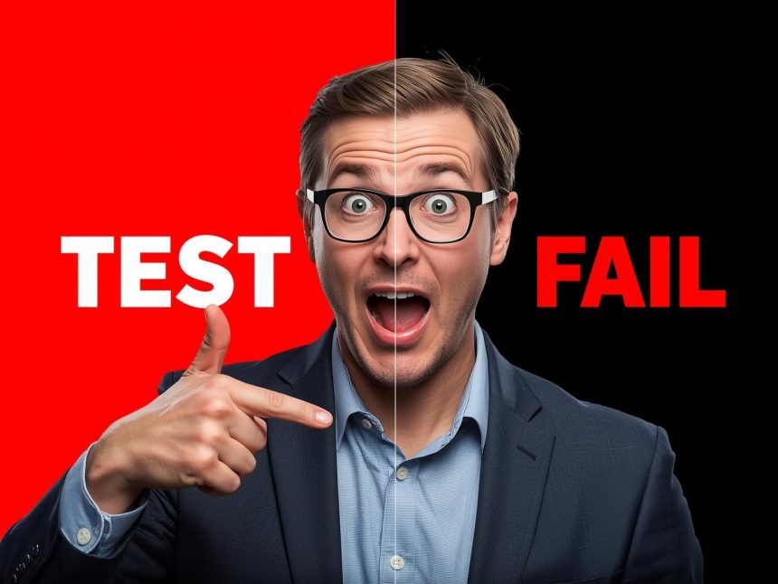 Marketer pointing at split-tested social ads with surprised expression, highlighting a social ad creative testing framework.