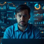 Marketer looking overwhelmed at an overcrowded CRM dashboard illustrating hyper-segmentation in CRM confusion.