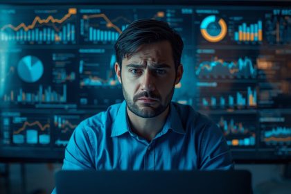 Marketer looking overwhelmed at an overcrowded CRM dashboard illustrating hyper-segmentation in CRM confusion.