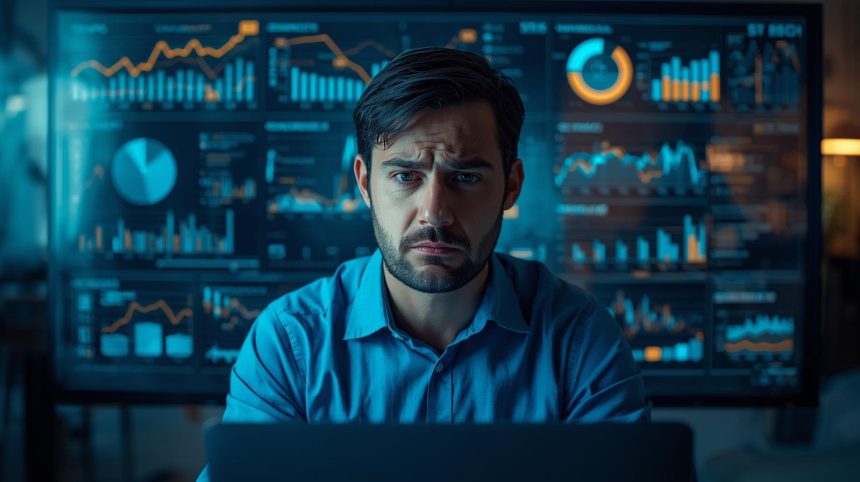 Marketer looking overwhelmed at an overcrowded CRM dashboard illustrating hyper-segmentation in CRM confusion.