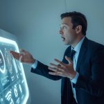 Person looking surprised while using an interactive brand portal on a laptop, showing customer education and engagement.