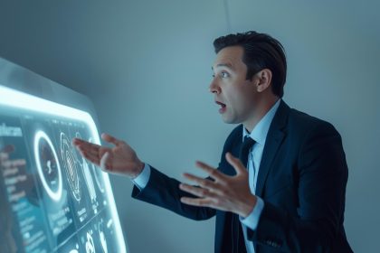 Person looking surprised while using an interactive brand portal on a laptop, showing customer education and engagement.