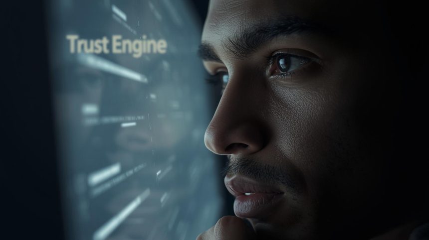 A close-up of a thoughtful person looking at a glowing chatbot screen, expressing curiosity and confidence, representing how conversational chatflows build trust.