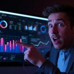 Influencer smiling with surprise while pointing at performance dashboard showing affiliate growth and trust-based revenue.