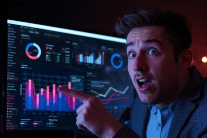 Influencer smiling with surprise while pointing at performance dashboard showing affiliate growth and trust-based revenue.