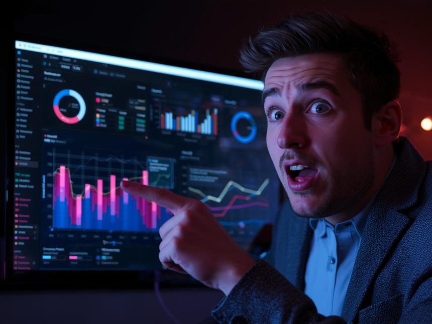 Influencer smiling with surprise while pointing at performance dashboard showing affiliate growth and trust-based revenue.