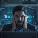 Marketer pointing at transparent AI dashboard with concerned yet confident expression, highlighting ethical AI standards for digital marketers.