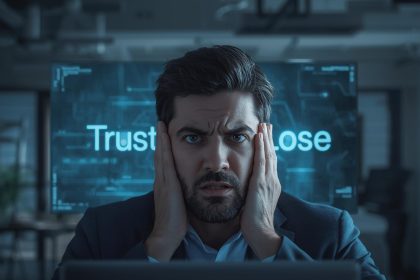 Marketer pointing at transparent AI dashboard with concerned yet confident expression, highlighting ethical AI standards for digital marketers.