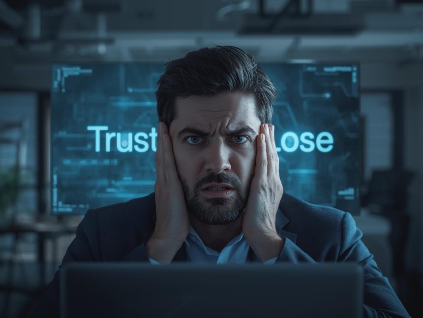 Marketer pointing at transparent AI dashboard with concerned yet confident expression, highlighting ethical AI standards for digital marketers.
