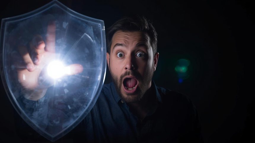 Person reacting with surprise while blocking spam icons, symbolizing community reputation systems and trust control.