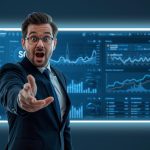 Surprised marketer pointing at an AI dashboard showing referral insights and fraud alerts, highlighting AI-driven referral and ambassador programs.