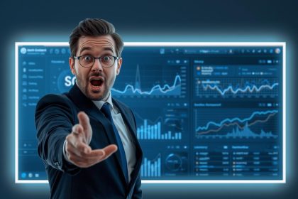 Surprised marketer pointing at an AI dashboard showing referral insights and fraud alerts, highlighting AI-driven referral and ambassador programs.