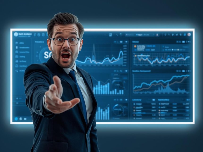 Surprised marketer pointing at an AI dashboard showing referral insights and fraud alerts, highlighting AI-driven referral and ambassador programs.