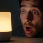 Person reacting with surprise to a glowing smart speaker while learning about voice-based interactive ads.