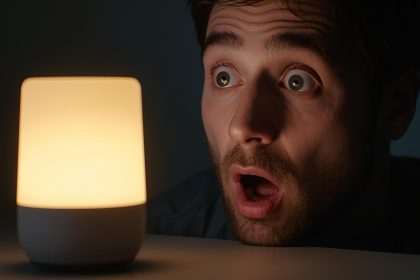 Person reacting with surprise to a glowing smart speaker while learning about voice-based interactive ads.