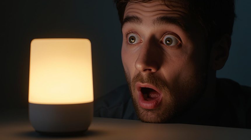 Person reacting with surprise to a glowing smart speaker while learning about voice-based interactive ads.